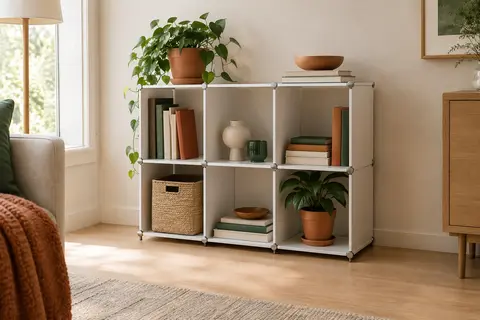 Étagère modulaire blanche à six cubes avec livres et bac en textile dans un salon lumineux.