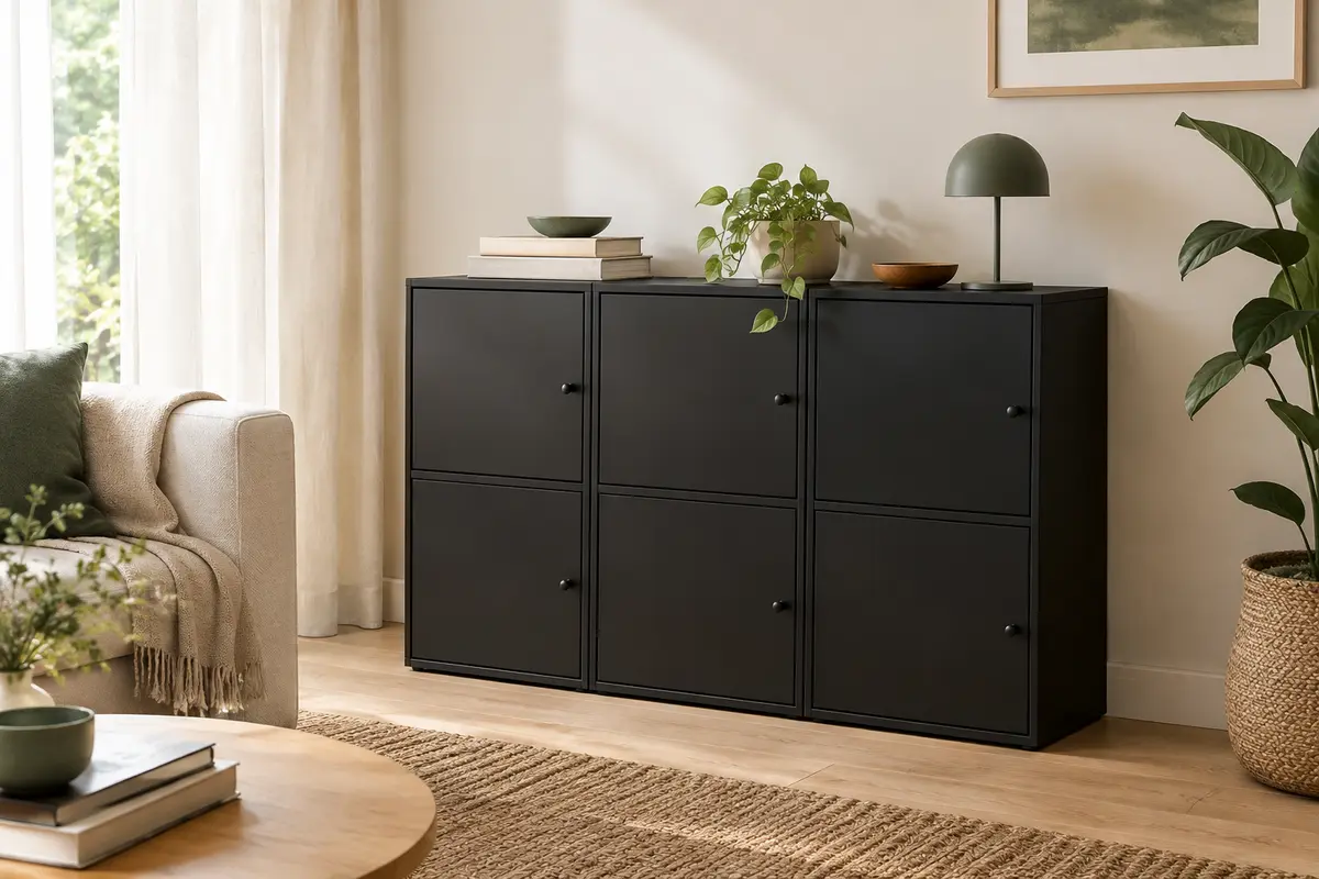 Meuble de rangement modulable noir à six cases cubiques avec portes, installé dans un salon lumineux.