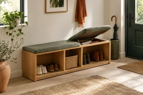 Banc à chaussures en finition naturelle avec trois compartiments et un espace de rangement sous le coussin