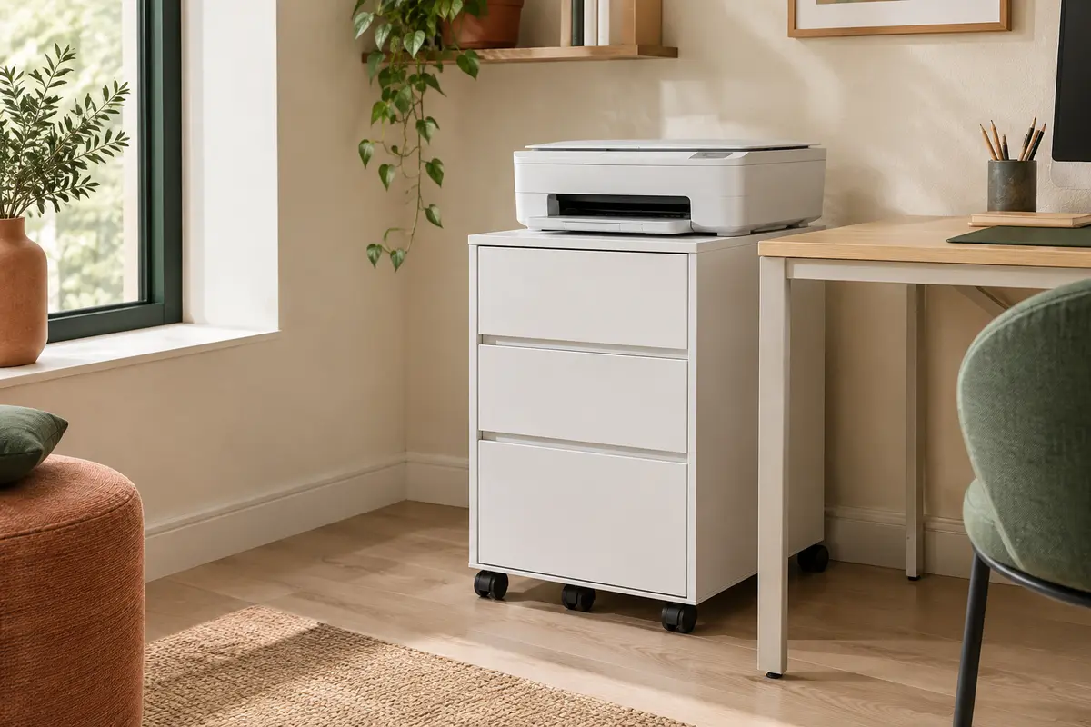 Caisson de bureau blanc à trois tiroirs sur roulettes, placé près d’un bureau lumineux avec une imprimante