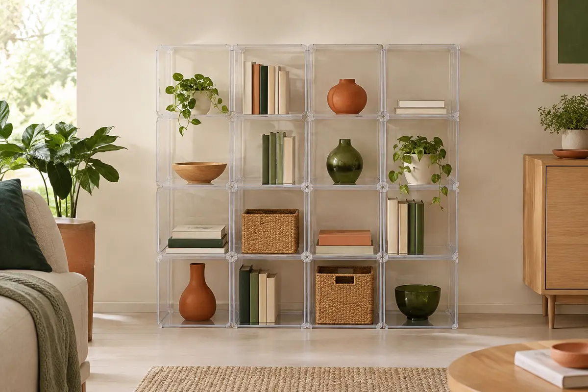 Étagère transparente en plastique à seize compartiments modulables dans un salon lumineux et épuré