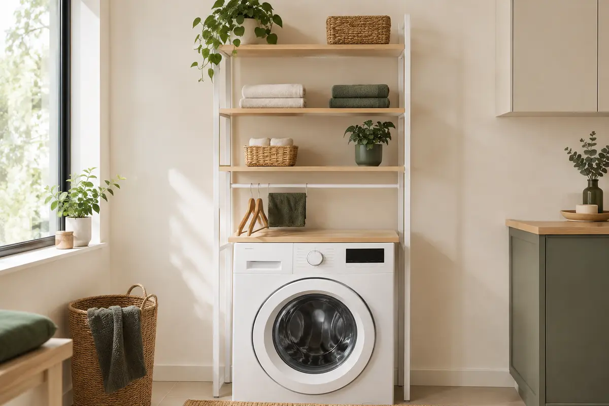 Étagère de buanderie à trois niveaux, effet chêne clair et structure blanche, installée au-dessus d’un lave-linge.