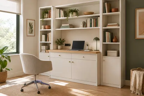 Bibliothèque blanche avec étagères ouvertes, portes, tiroirs pour dossiers et plan de travail intégré