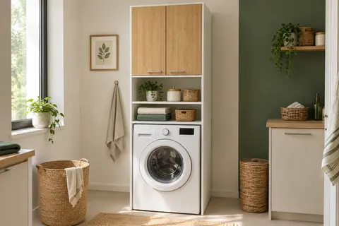 Meuble blanc à portes en bambou installé au-dessus d’un lave-linge dans une buanderie lumineuse