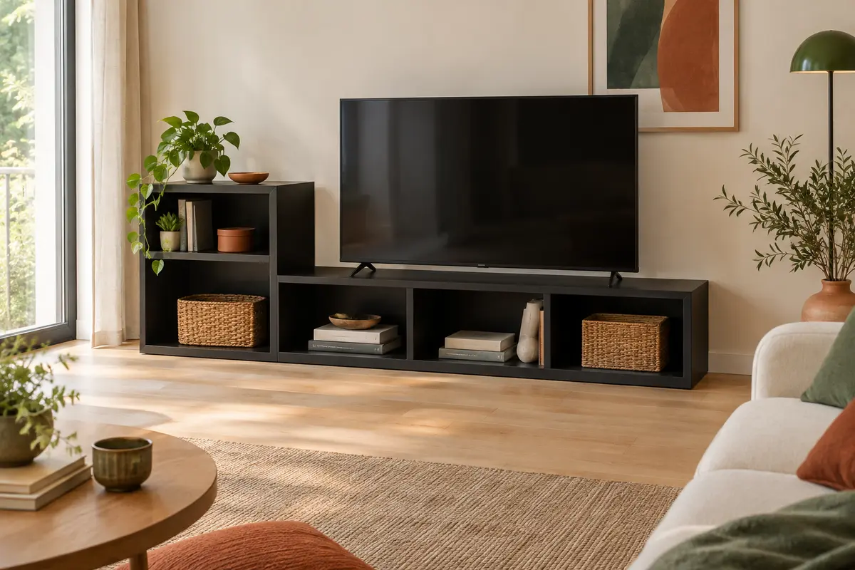 Meuble TV noir modulable à trois éléments, avec étagères ouvertes dans un salon lumineux.