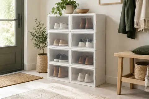 Huit cubes blancs empilés avec des portes transparentes, utilisés pour ranger des chaussures dans une entrée lumineuse.