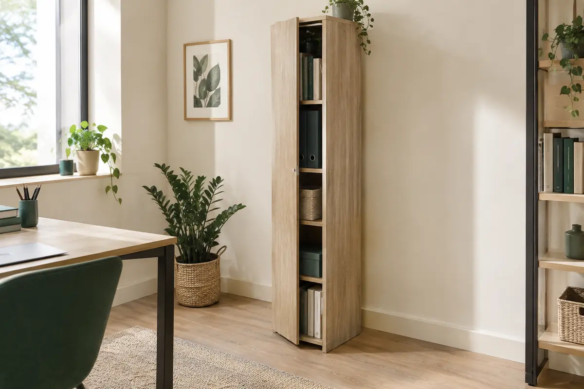 Armoire étroite à porte réversible et étagères réglables installée dans un bureau lumineux