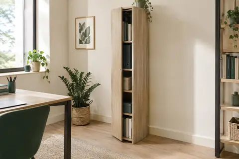 Armoire étroite à porte réversible et étagères réglables installée dans un bureau lumineux