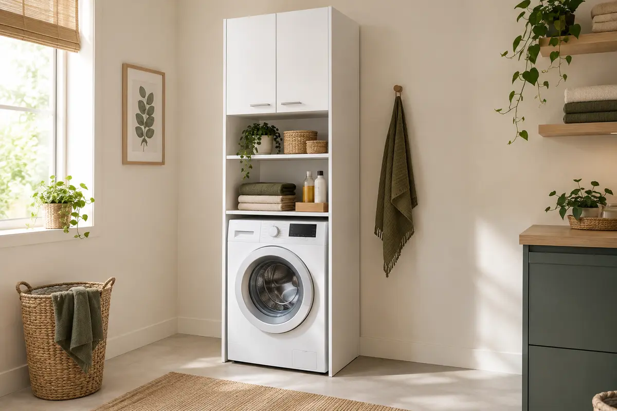 Armoire blanche Homidea MIA avec étagères et portes, installée au-dessus d’un lave-linge