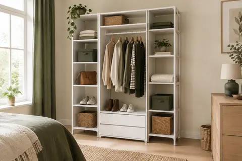 Armoire penderie modulaire blanche avec compartiments cubiques et barre pour vêtements sur cintre