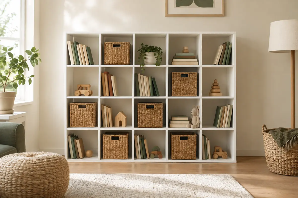 Étagère modulable blanche à 20 casiers, garnie de livres et d’objets dans un intérieur lumineux.