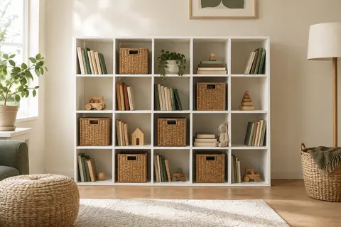 Étagère modulable blanche à 20 casiers, garnie de livres et d’objets dans un intérieur lumineux.