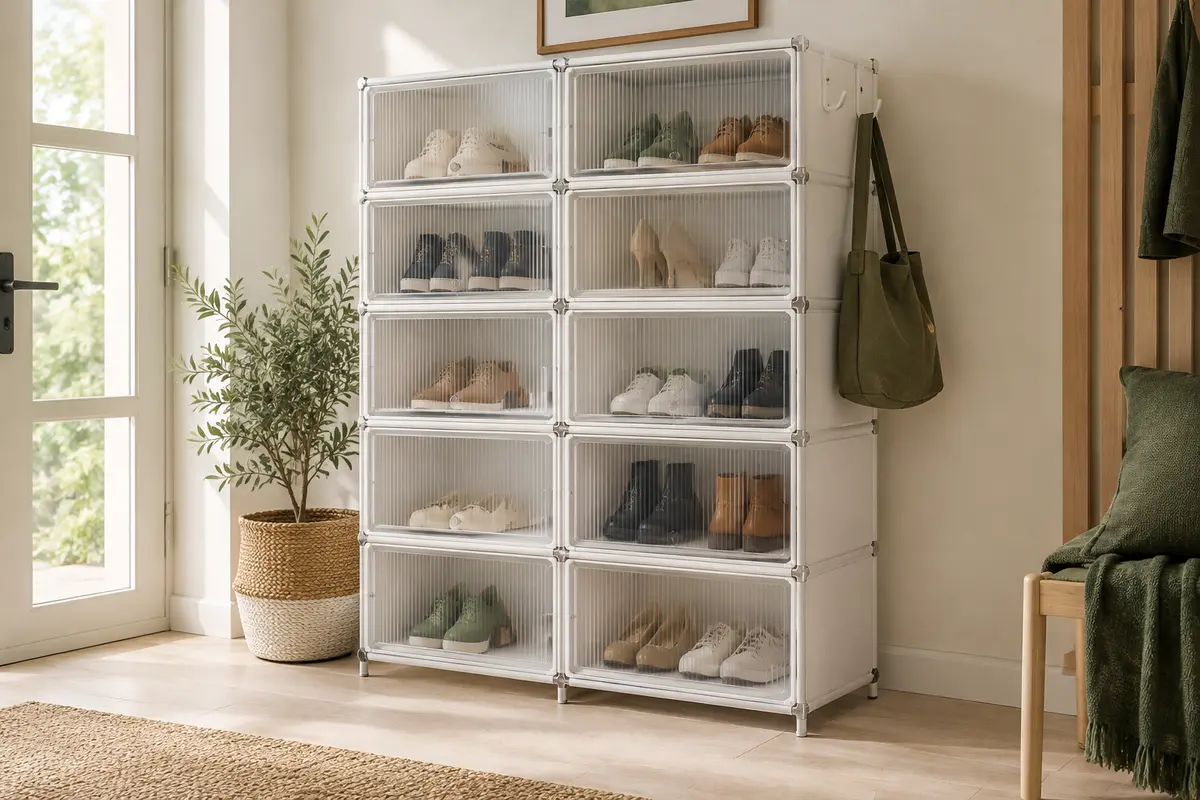 Étagère à chaussures blanche à quinze compartiments fermés, avec deux crochets, dans une entrée lumineuse.