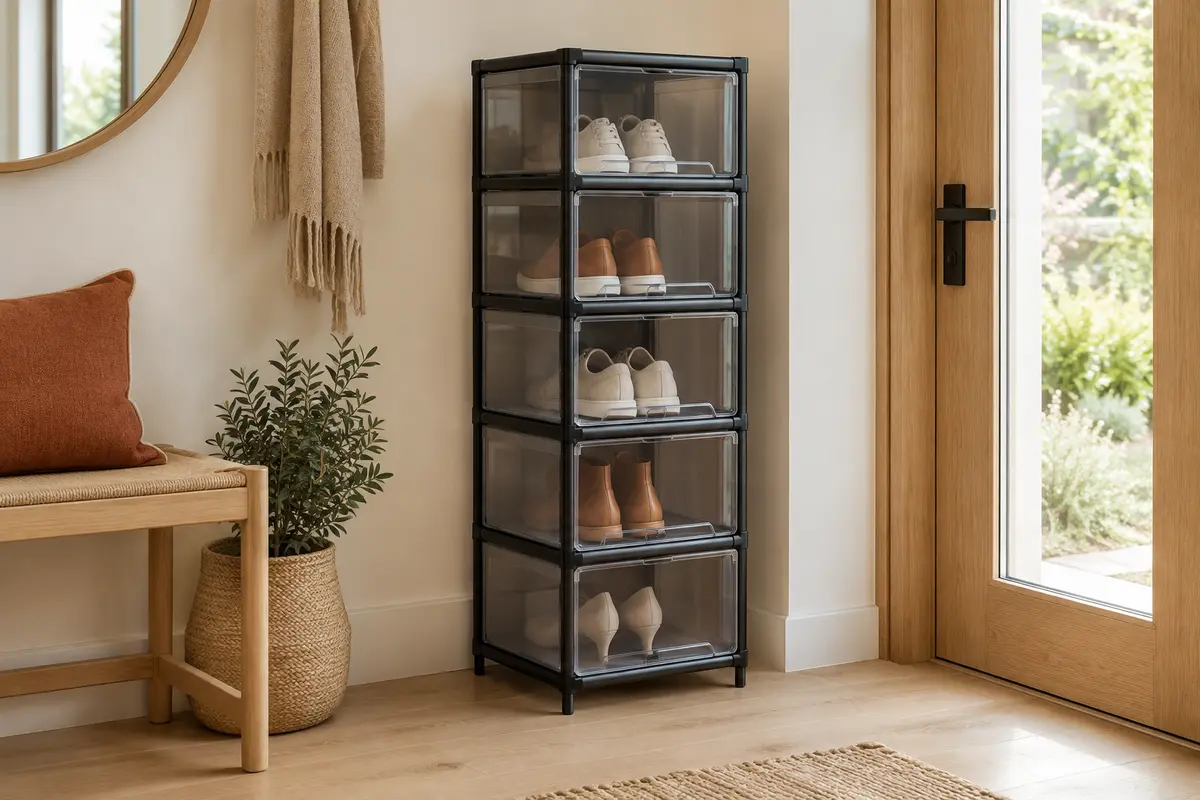 Étagère à chaussures Hoobro à cinq compartiments transparents, installée dans une entrée lumineuse