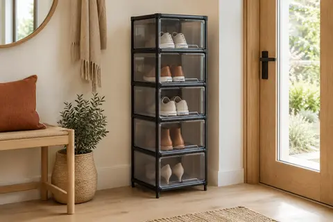 Étagère à chaussures Hoobro à cinq compartiments transparents, installée dans une entrée lumineuse