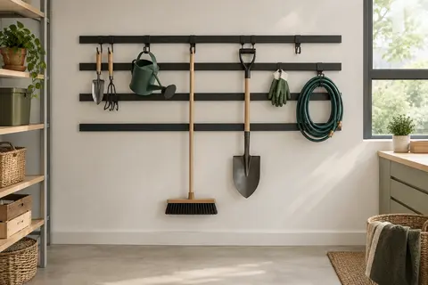 Rails muraux noirs avec crochets réglables portant des outils de jardin dans un garage lumineux et rangé