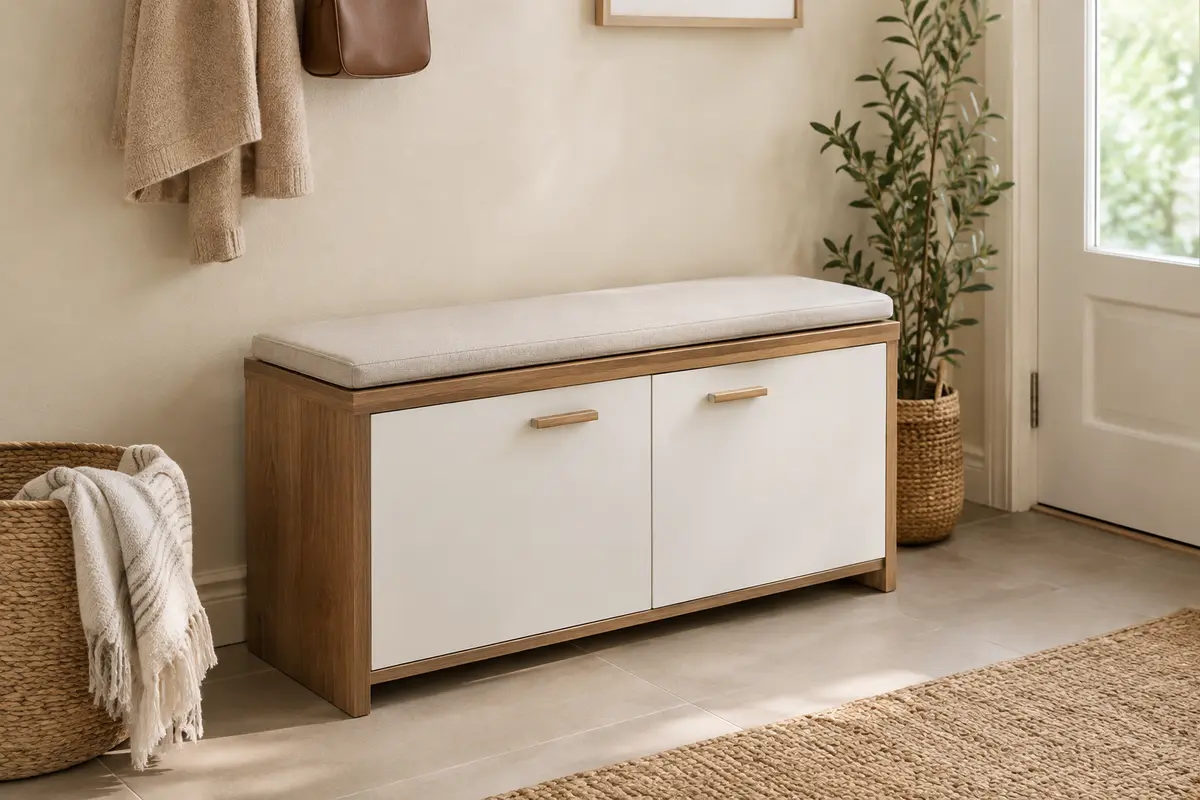 Banc à chaussures brun rétro et blanc avec coussin d’assise et deux portes dans une entrée lumineuse