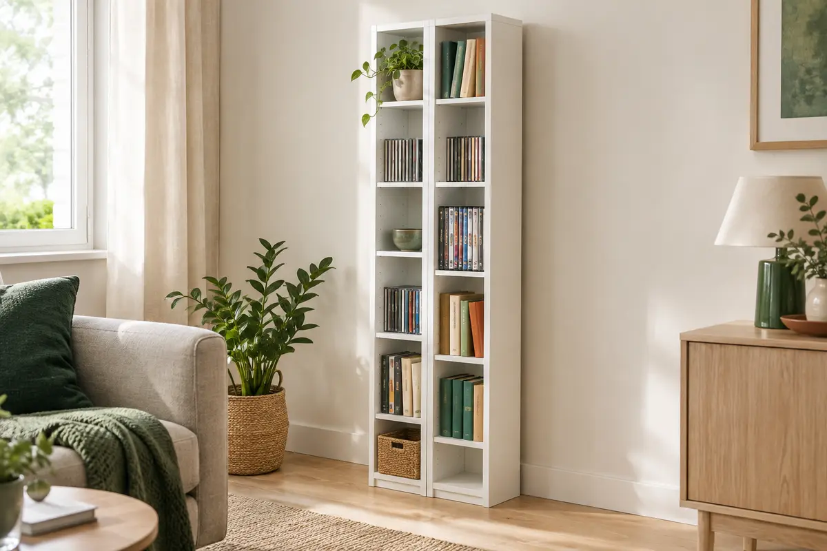 Étagère modulable blanche à deux colonnes avec CD, DVD et petits livres dans un intérieur lumineux