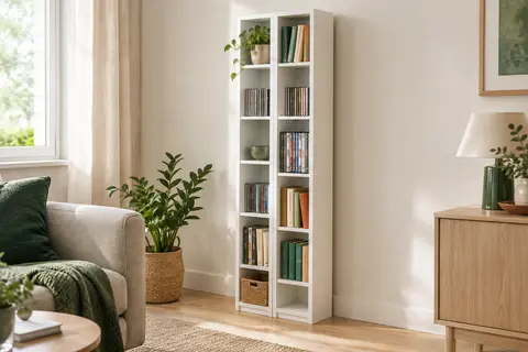 Étagère modulable blanche à deux colonnes avec CD, DVD et petits livres dans un intérieur lumineux