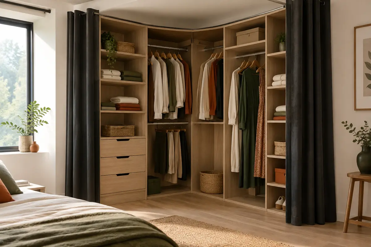 Dressing d’angle extensible de style hêtre avec étagères, penderies, tiroirs et rideaux noirs dans une chambre lumineuse.