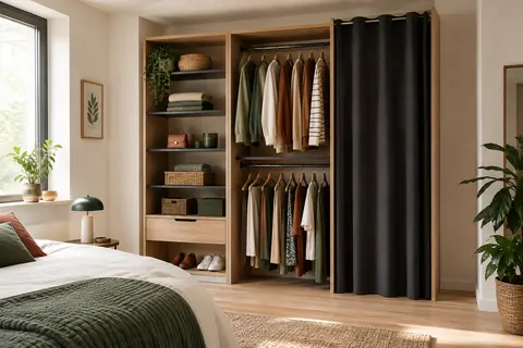 Dressing modulable effet hêtre et noir avec deux penderies, des étagères, un tiroir et un rideau.