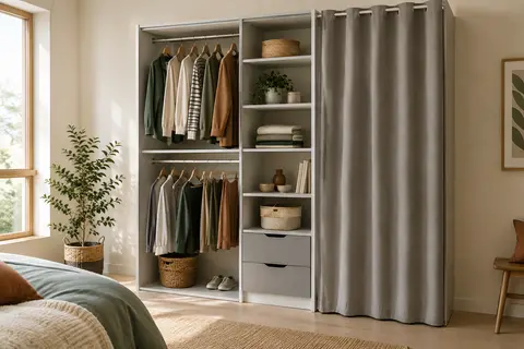 Dressing modulable blanc avec double penderie, étagères, deux tiroirs et rideau gris dans une chambre lumineuse