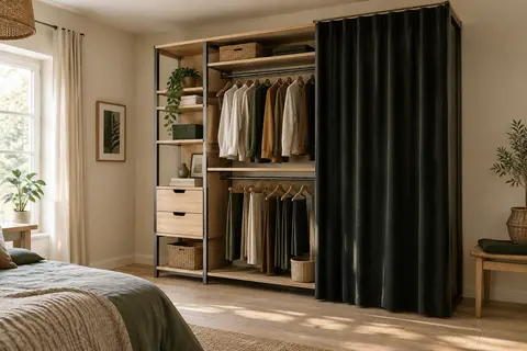 Dressing modulable aspect hêtre avec double penderie, étagères, tiroirs et rideau noir dans une chambre lumineuse