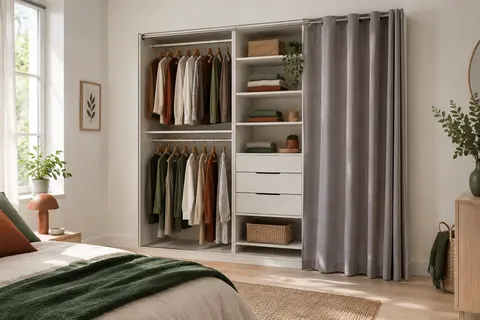 Dressing modulable blanc à double penderie, tiroirs et rideau gris dans une chambre lumineuse