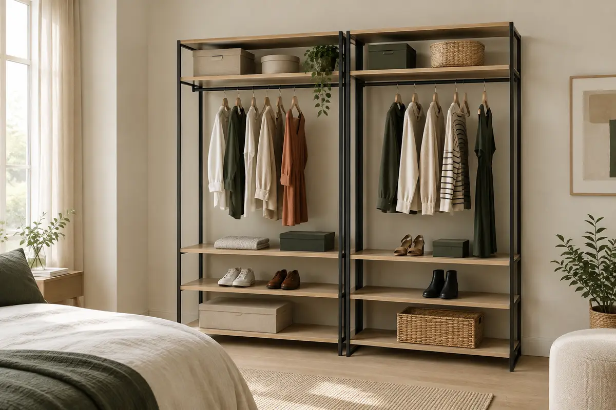 Dressing ouvert à deux modules, avec structure en métal noir, étagères effet bois clair et double penderie