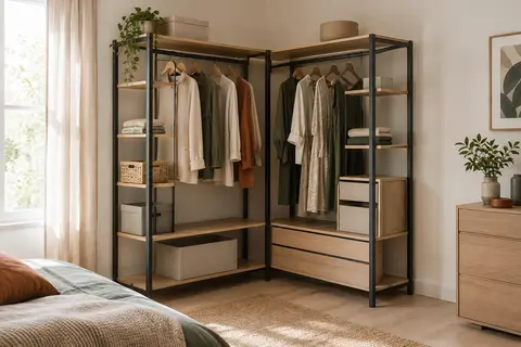 Dressing modulable en métal avec étagères effet bois et deux penderies, installé dans une chambre lumineuse.
