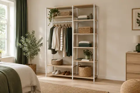 Dressing ouvert blanc et bois avec barre de penderie et six étagères dans une chambre lumineuse