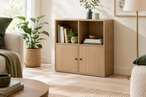 Meuble à cases brun à deux portes, présenté dans un salon lumineux avec quelques livres et accessoires