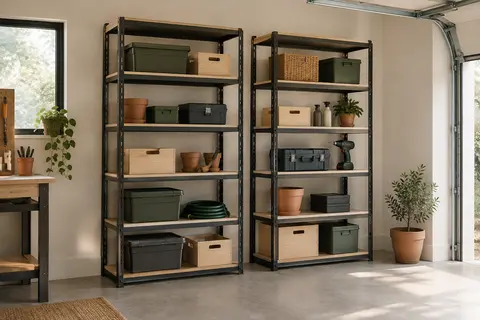 Deux étagères modulables en métal noir, avec cinq tablettes en MDF, dans un garage lumineux.