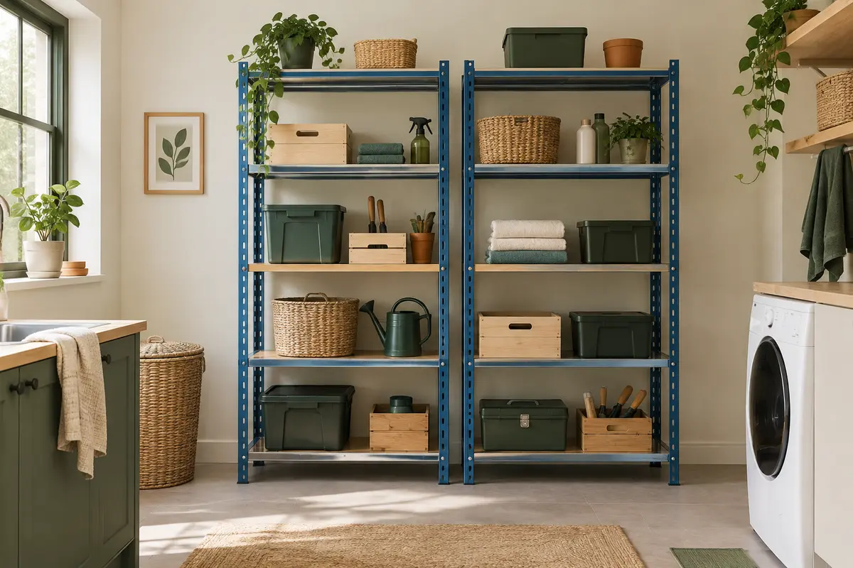 Deux étagères bleues à tablettes en métal et bois, installées dans une buanderie claire et organisée.