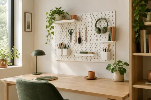 Panneaux perforés blancs Keepo fixés au mur, organisant papeterie et petits accessoires au-dessus d’un bureau.