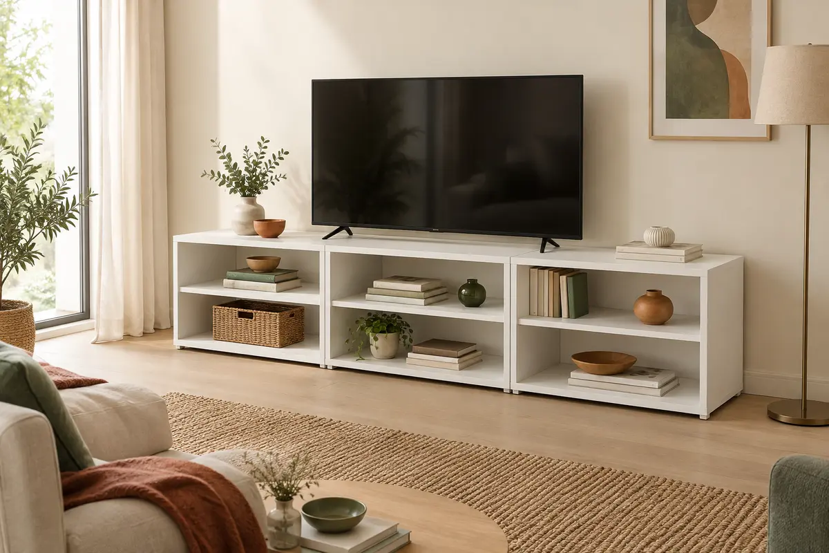 Meuble TV blanc composé de trois modules ouverts, installé contre un mur dans un salon lumineux.