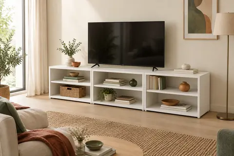 Meuble TV blanc composé de trois modules ouverts, installé contre un mur dans un salon lumineux.