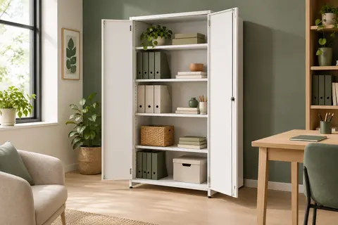 Armoire de bureau en acier blanc à deux portes, serrure et étagères réglables dans un espace lumineux.