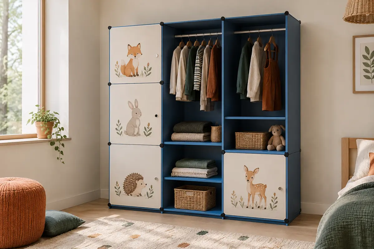 Armoire modulaire bleue pour enfant avec compartiments et portes décorées de dessins d’animaux.