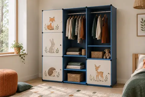 Armoire modulaire bleue pour enfant avec compartiments et portes décorées de dessins d’animaux.
