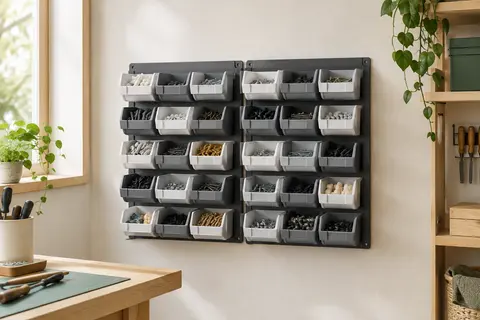 Étagère murale Monzana avec deux panneaux et 30 bacs blancs et gris pour petites pièces