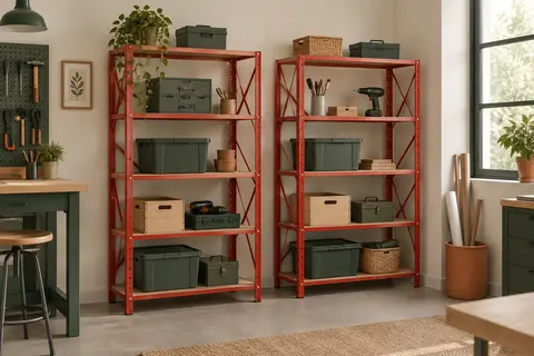Deux étagères métalliques rouges à cinq niveaux, garnies de boîtes et d’outils dans un atelier lumineux.