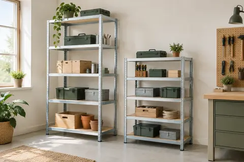 Deux étagères modulables grises à cinq niveaux organisent outils et boîtes dans un atelier lumineux.