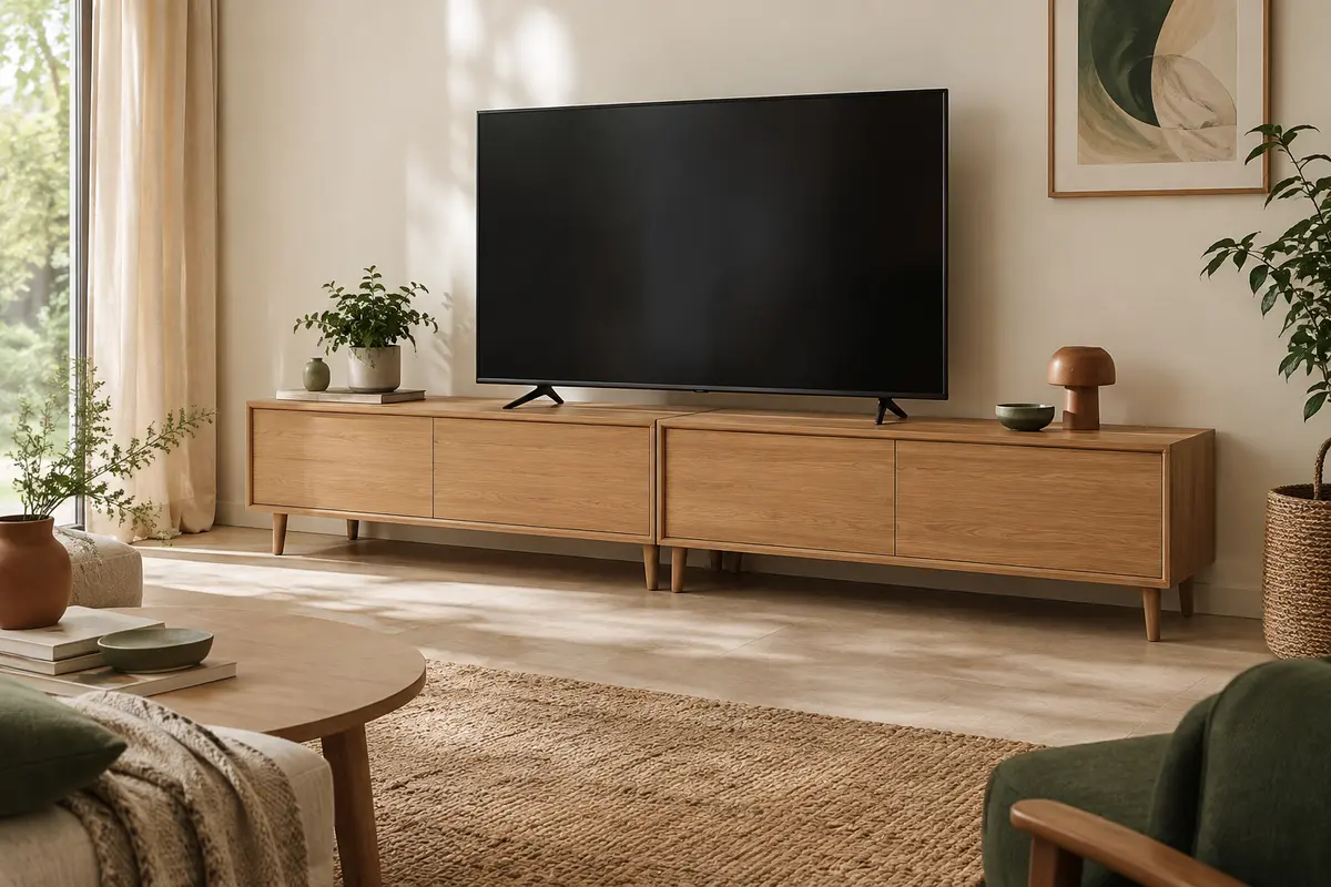 Meuble TV Planetmöbel West composé de deux modules chêne doré, posé sur ses pieds dans un salon lumineux.