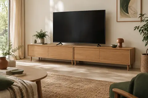 Meuble TV Planetmöbel West composé de deux modules chêne doré, posé sur ses pieds dans un salon lumineux.