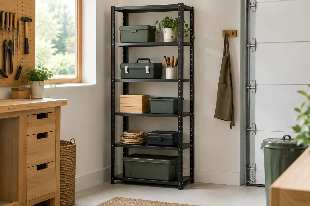 Étagère noire en métal à cinq plateaux MDF, installée dans un garage lumineux et organisé.