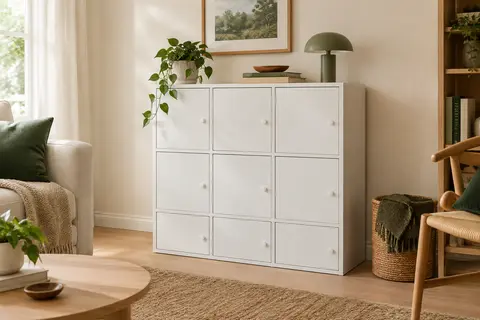 Étagère blanche modulable à neuf casiers avec portes, installée dans un salon lumineux.