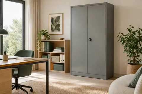 Armoire de classement métallique grise à deux portes, installée dans un bureau lumineux et ordonné.