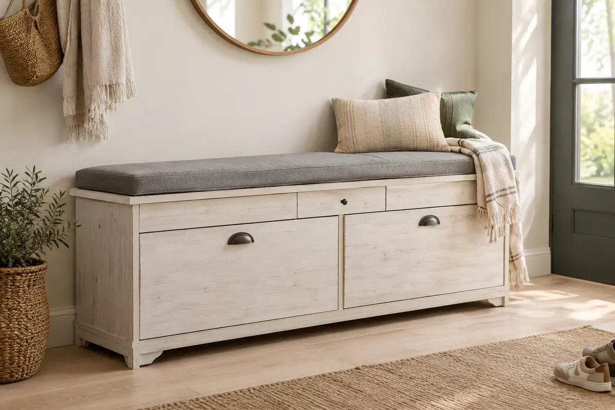 Banc à chaussures blanc effet bois vieilli, avec deux abattants, tiroir et coussin gris dans une entrée lumineuse.