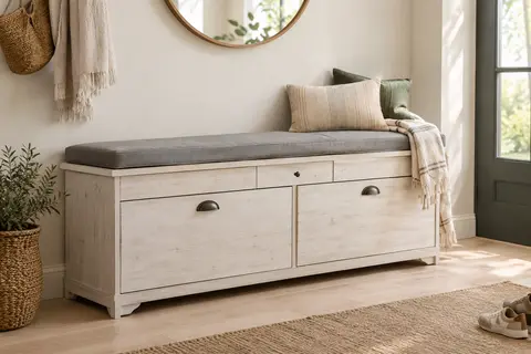 Banc à chaussures blanc effet bois vieilli, avec deux abattants, tiroir et coussin gris dans une entrée lumineuse.